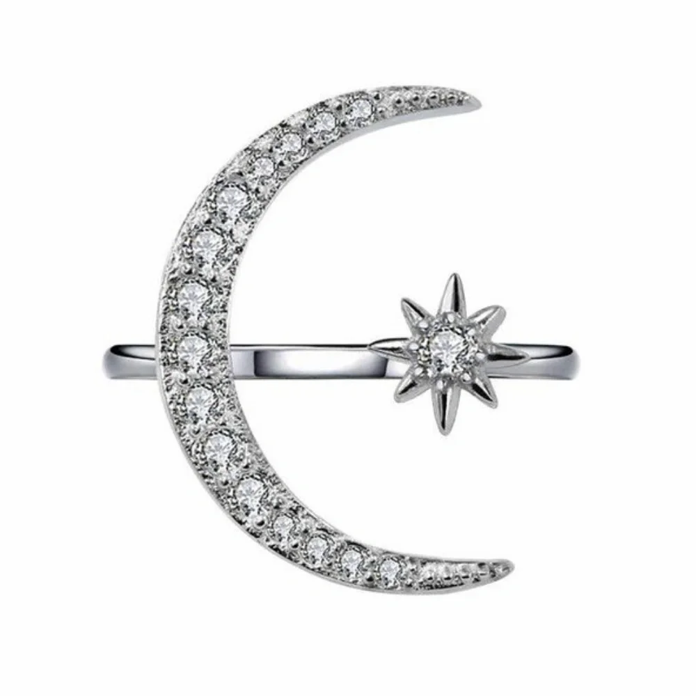 *Sterling Silver Diamond Moon Star Adjustable Ring